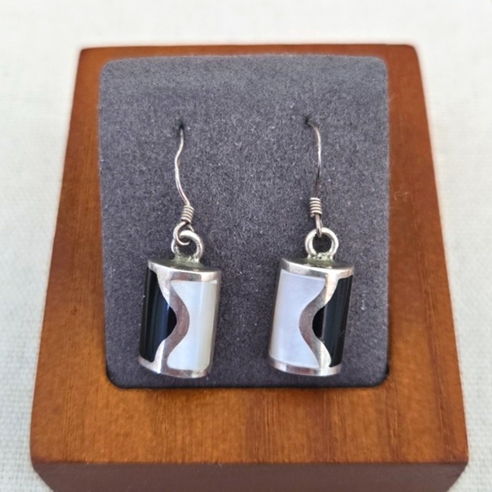 Onyx Sterling Silver Mother Of Pearl Half Cylinder Earrings